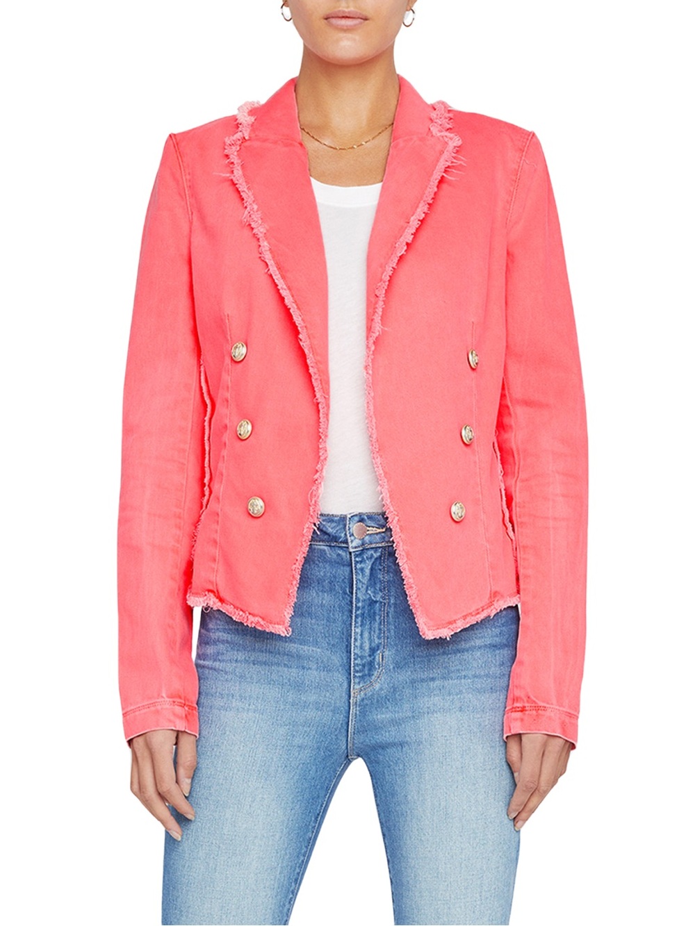 L'AGENCE Coral Pink Frayed Double-Breasted Blazer